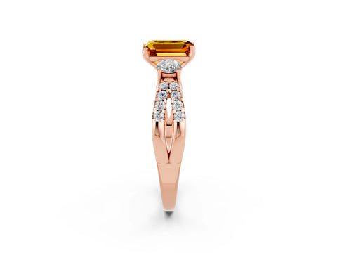 Rose gold Emerald Cut Citrine Three-Stone Ring with Pavé Split Shank and Four-Prong Setting_2