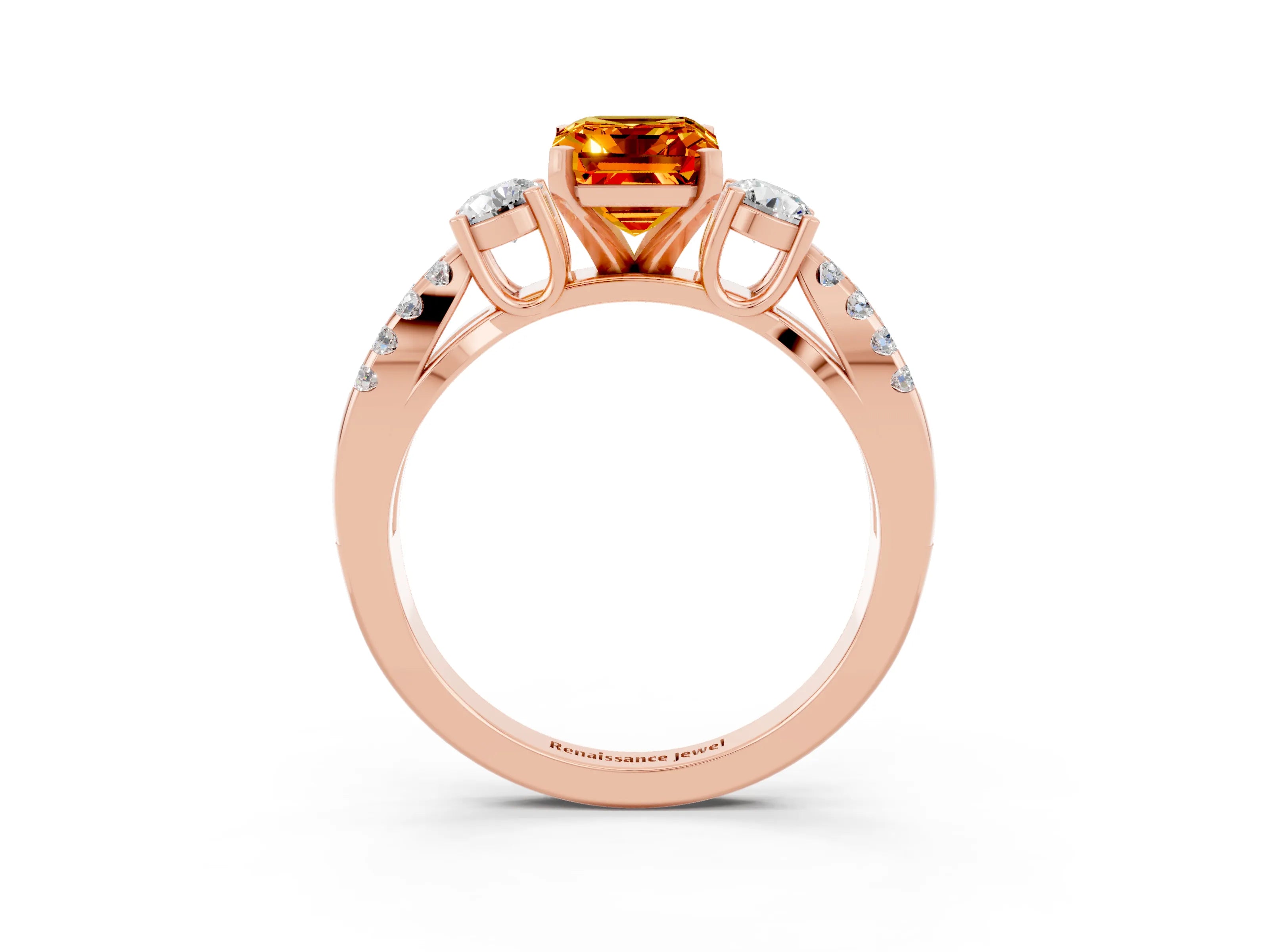 Rose gold Emerald Cut Citrine Three-Stone Ring with Pavé Split Shank and Four-Prong Setting_3