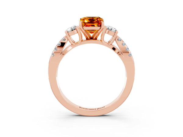 Rose gold Emerald Cut Citrine Three-Stone Ring with Pavé Split Shank and Four-Prong Setting