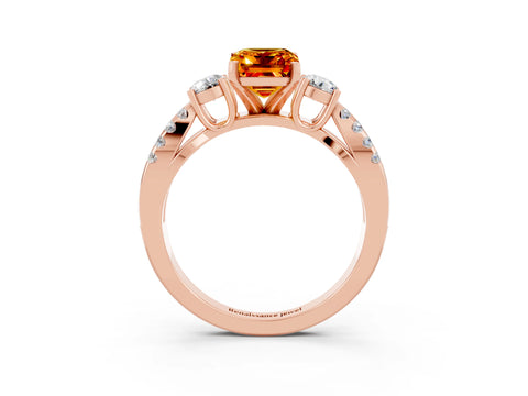 Rose gold Emerald Cut Citrine Three-Stone Ring with Pavé Split Shank and Four-Prong Setting_3