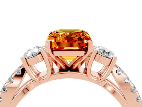 Rose gold Emerald Cut Citrine Three-Stone Ring with Pavé Split Shank and Four-Prong Setting_4