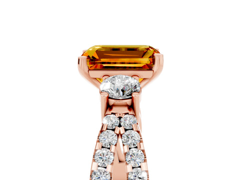 Rose gold Emerald Cut Citrine Three-Stone Ring with Pavé Split Shank and Four-Prong Setting_5