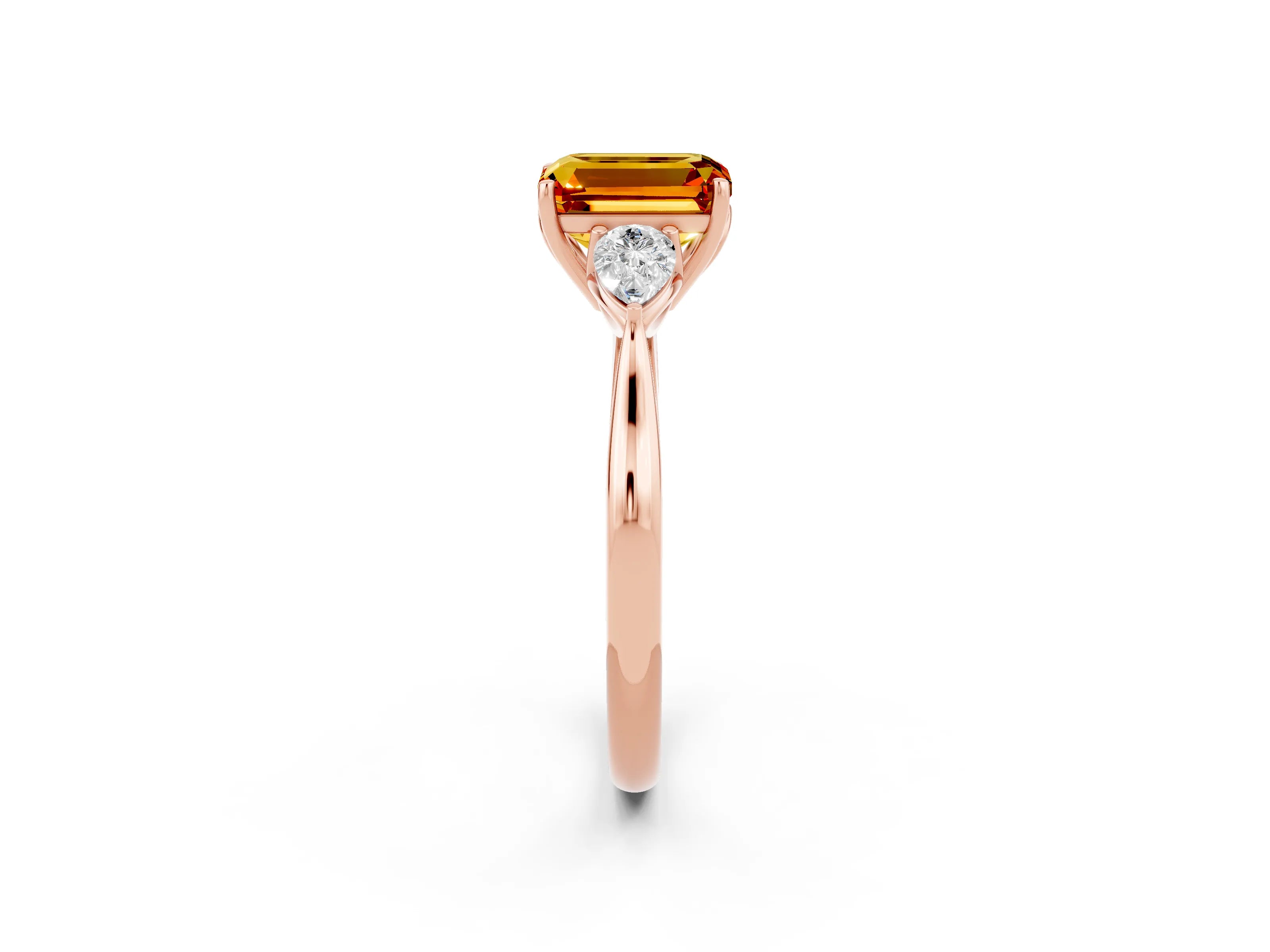 Rose gold Emerald Cut Citrine Three-Stone Ring with Pear Side Stones and Four-Prong Setting_37