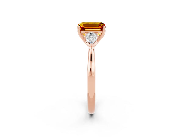 Rose gold Emerald Cut Citrine Three-Stone Ring with Pear  Side Stones and Prong Setting