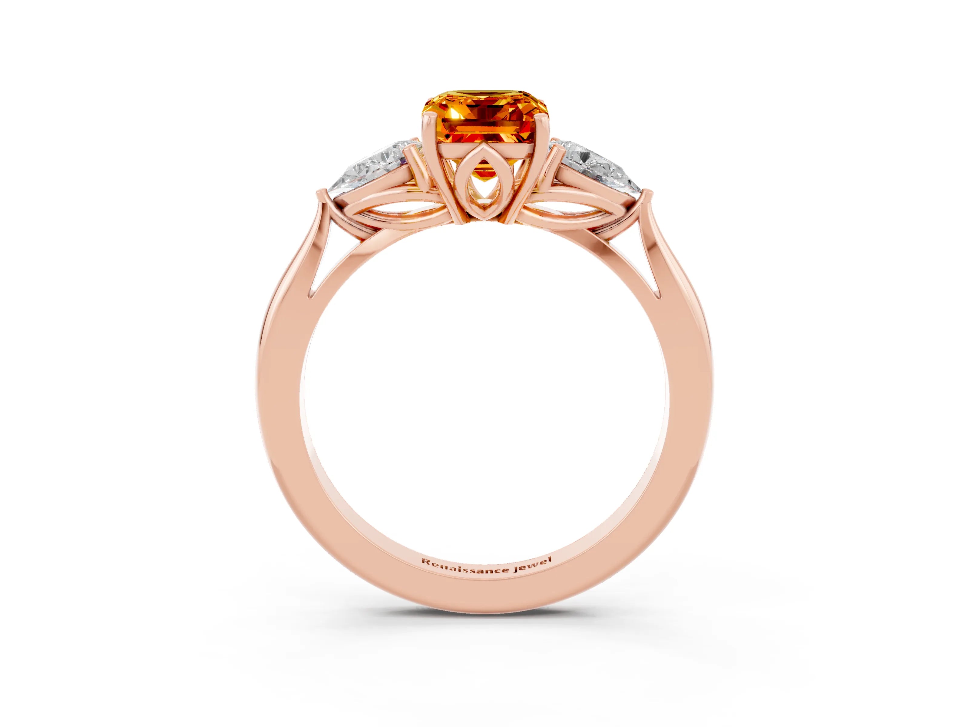 Rose gold Emerald Cut Citrine Three-Stone Ring with Pear Side Stones and Four-Prong Setting_38