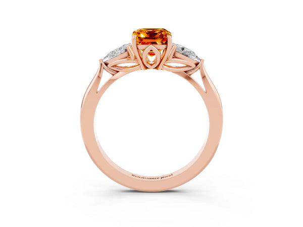 Rose gold Emerald Cut Citrine Three-Stone Ring with Pear  Side Stones and Prong Setting