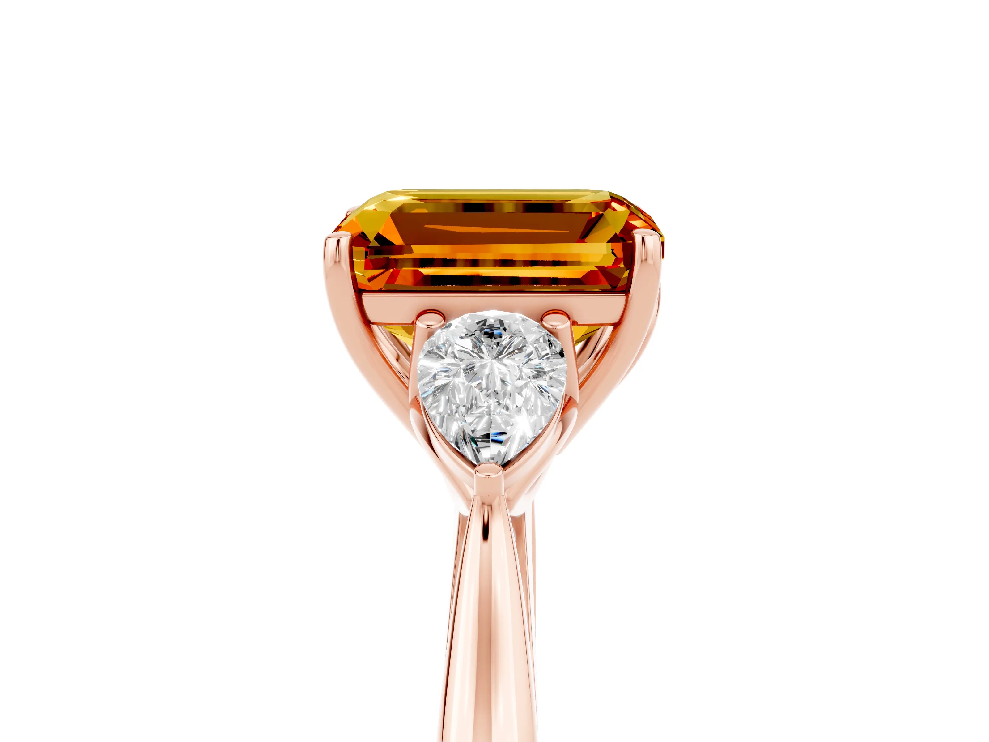 Rose gold Emerald Cut Citrine Three-Stone Ring with Pear Side Stones and Four-Prong Setting_40