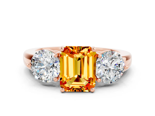 Rose gold Emerald Cut Citrine Three-Stone Ring with Prong Setting and Classic Band