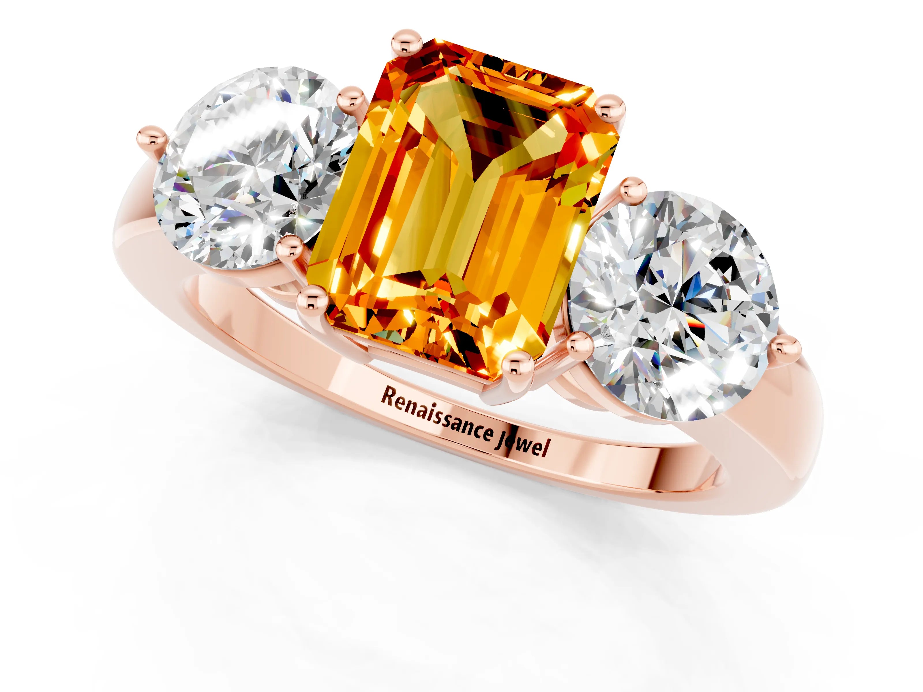 Rose gold Emerald Cut Citrine Three-Stone Ring with Prong Setting and Classic Band_1