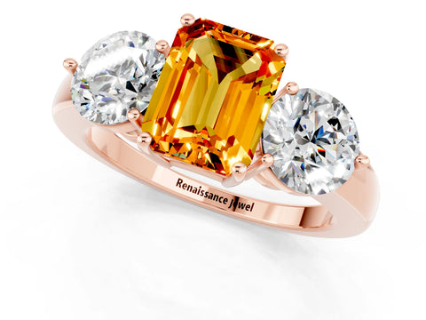 Rose gold Emerald Cut Citrine Three-Stone Ring with Prong Setting and Classic Band_1