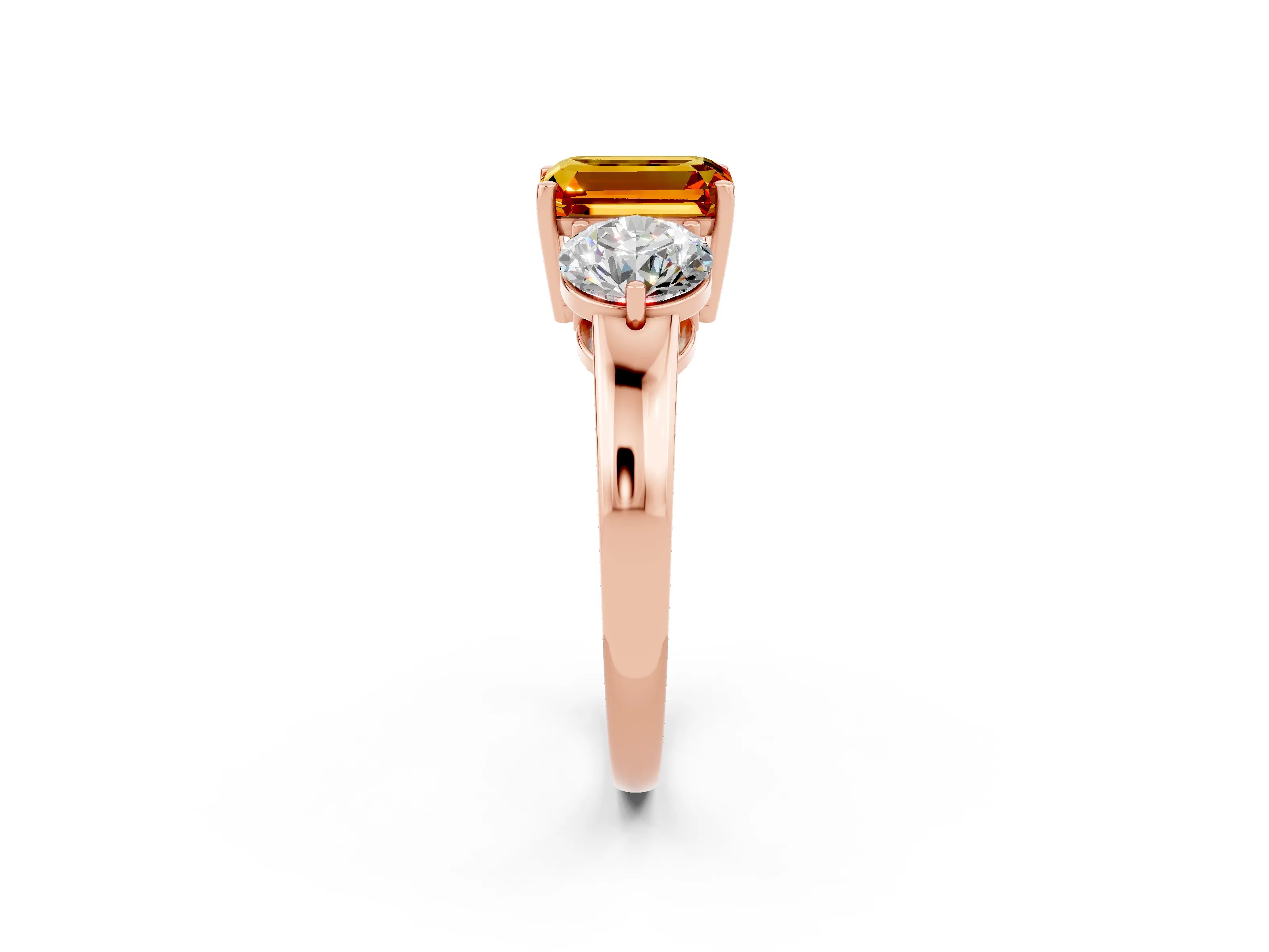 Rose gold Emerald Cut Citrine Three-Stone Ring with Prong Setting and Classic Band_2
