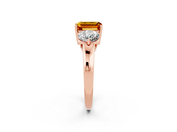 Rose gold Emerald Cut Citrine Three-Stone Ring with Prong Setting and Classic Band