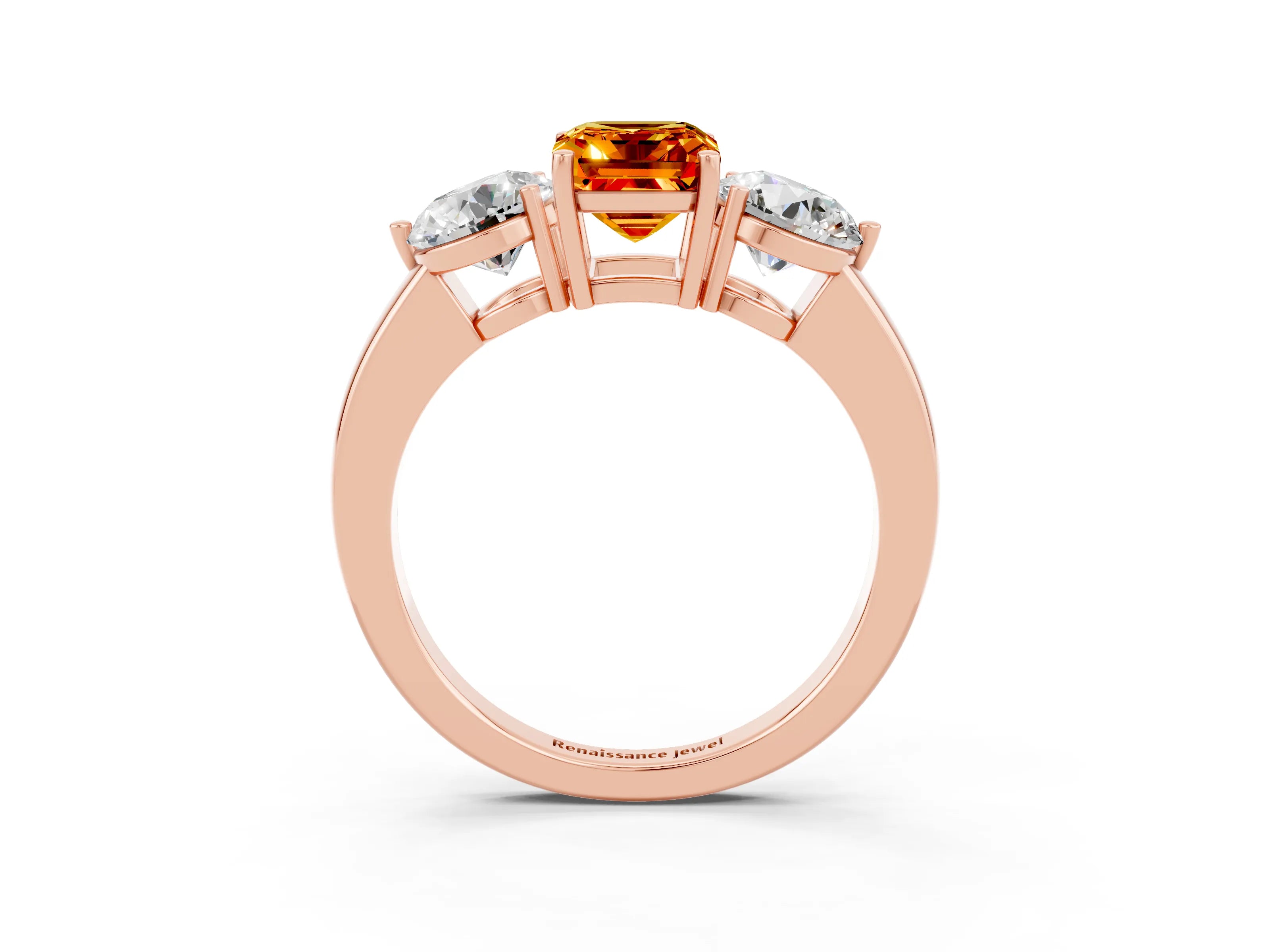 Rose gold Emerald Cut Citrine Three-Stone Ring with Prong Setting and Classic Band_3