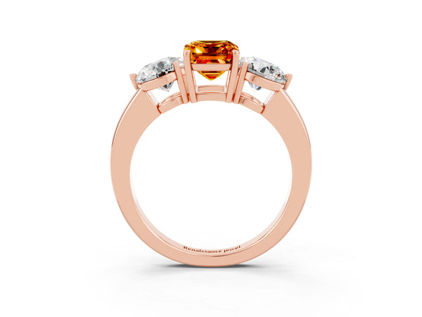 Rose gold Emerald Cut Citrine Three-Stone Ring with Prong Setting and Classic Band
