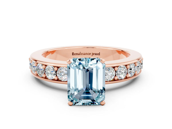 Rose gold Emerald Cut Aquamarine Engagement Ring with Channel Set Round  Band and Prong Setting