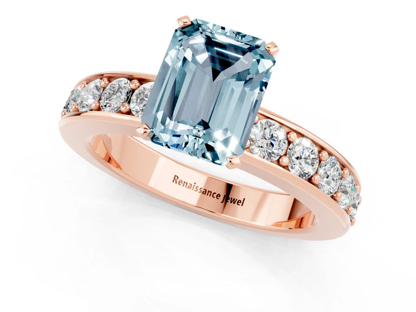 Rose gold Emerald Cut Aquamarine Engagement Ring with Channel Set Round  Band and Prong Setting