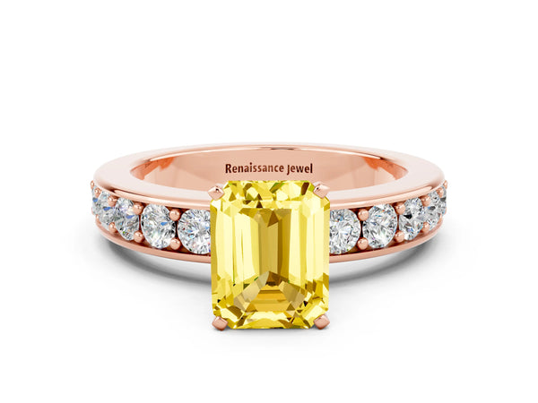 Rose gold Emerald Cut Yellow Sapphire Engagement Ring with Channel Set Round  Band and Prong Setting