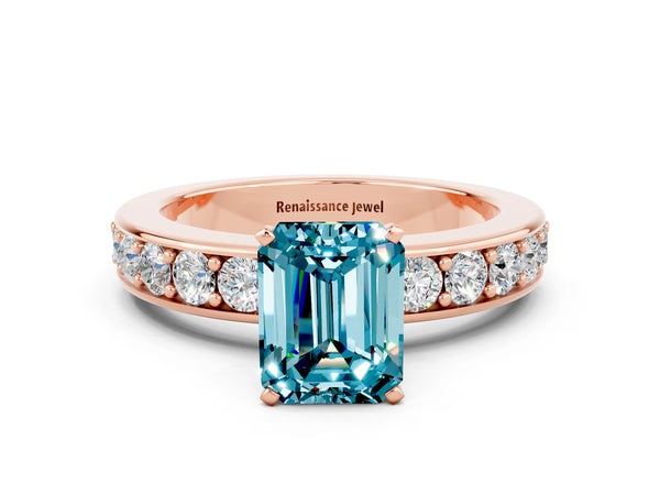 Rose gold Emerald Cut Blue Topaz Engagement Ring with Channel Set Round  Band and Prong Setting