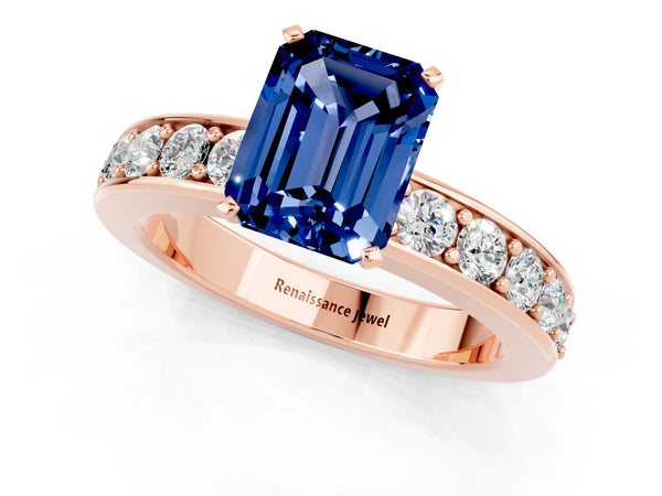Rose gold Emerald Cut Blue Sapphire Engagement Ring with Channel Set Round  Band and Prong Setting