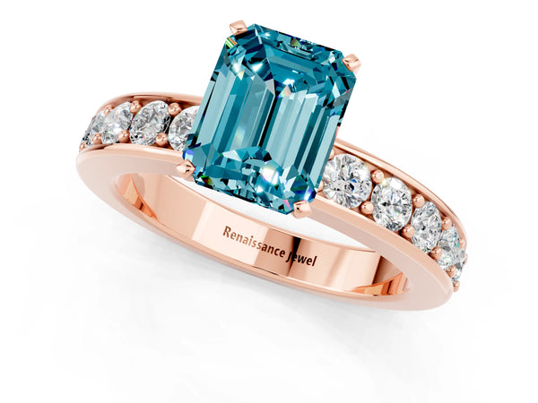 Rose gold Emerald Cut Blue Topaz Engagement Ring with Channel Set Round  Band and Prong Setting
