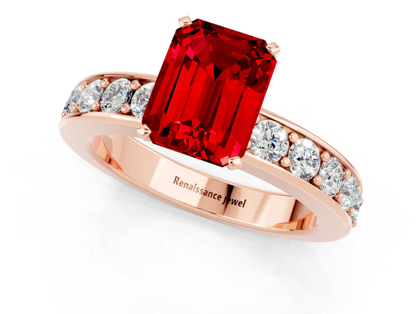 Rose gold Emerald Cut Ruby Engagement Ring with Channel Set Round  Band and Prong Setting