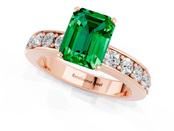 Rose gold Emerald Cut Emerald Engagement Ring with Channel Set Round  Band and Prong Setting
