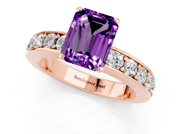 Rose gold Emerald Cut Amethyst Engagement Ring with Channel Set Round  Band and Prong Setting
