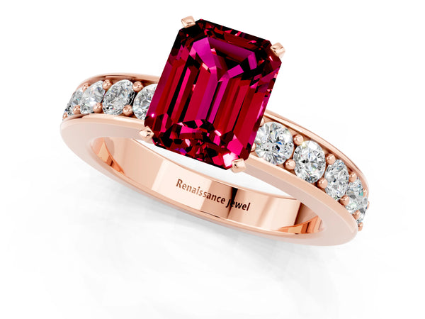 Rose gold Emerald Cut Garnet Engagement Ring with Channel Set Round  Band and Prong Setting