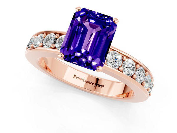 Rose gold Emerald Cut Tanzanite Engagement Ring with Channel Set Round  Band and Prong Setting