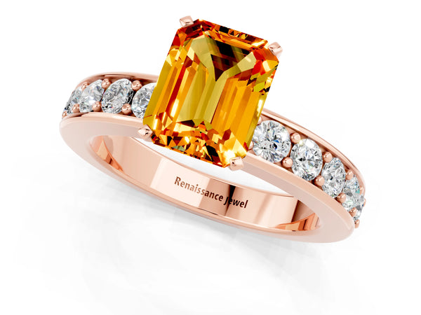 Rose gold Emerald Cut Citrine Engagement Ring with Channel Set Round  Band and Prong Setting