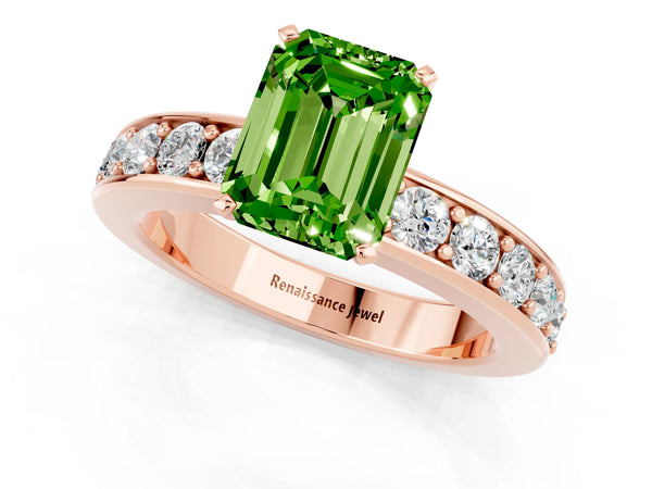 Rose gold Emerald Cut Peridot Engagement Ring with Channel Set Round  Band and Prong Setting