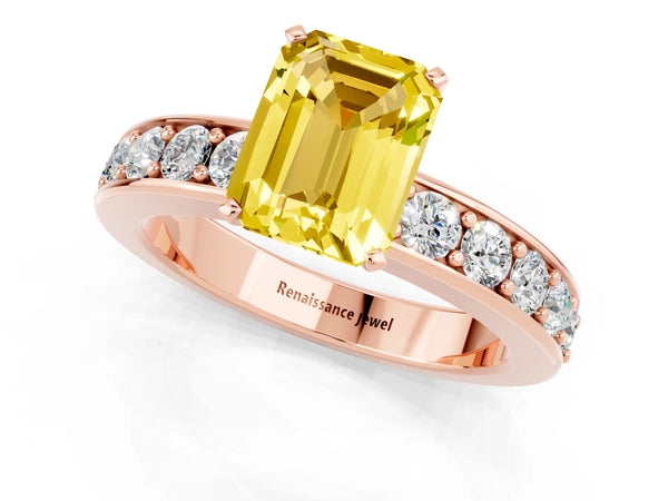 Rose gold Emerald Cut Yellow Sapphire Engagement Ring with Channel Set Round  Band and Prong Setting