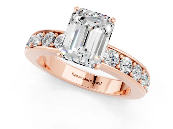 Rose gold Emerald Cut Moissanite Engagement Ring with Channel Set Round  Band and Prong Setting