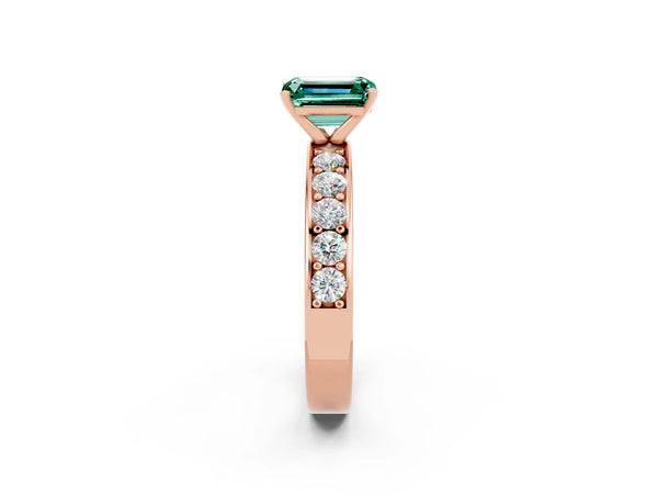 Rose gold Emerald Cut Green Sapphire Engagement Ring with Channel Set Round  Band and Prong Setting