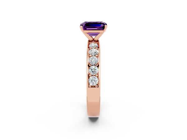 Rose gold Emerald Cut Amethyst Engagement Ring with Channel Set Round  Band and Prong Setting