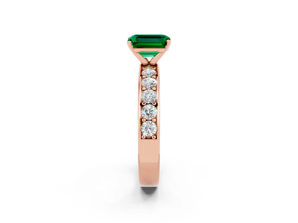 Rose gold Emerald Cut Emerald Engagement Ring with Channel Set Round  Band and Prong Setting