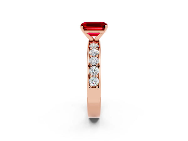 Rose gold Emerald Cut Ruby Engagement Ring with Channel Set Round  Band and Prong Setting