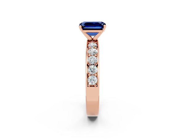 Rose gold Emerald Cut Blue Sapphire Engagement Ring with Channel Set Round  Band and Prong Setting