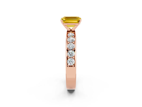 Rose gold Emerald Cut Yellow Sapphire Engagement Ring with Channel Set Round  Band and Prong Setting
