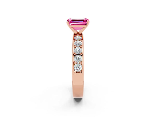 Rose gold Emerald Cut Pink Sapphire Engagement Ring with Channel Set Round  Band and Prong Setting