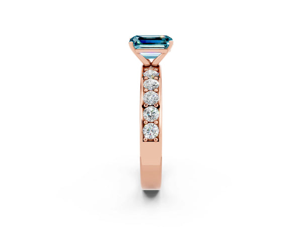 Rose gold Emerald Cut Blue Topaz Engagement Ring with Channel Set Round  Band and Prong Setting