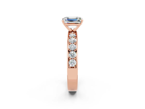 Rose gold Emerald Cut Moissanite Engagement Ring with Channel Set Round  Band and Prong Setting