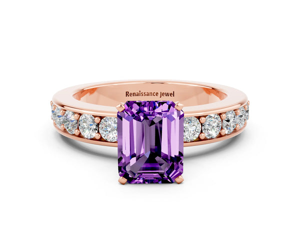Rose gold Emerald Cut Amethyst Engagement Ring with Channel Set Round  Band and Prong Setting