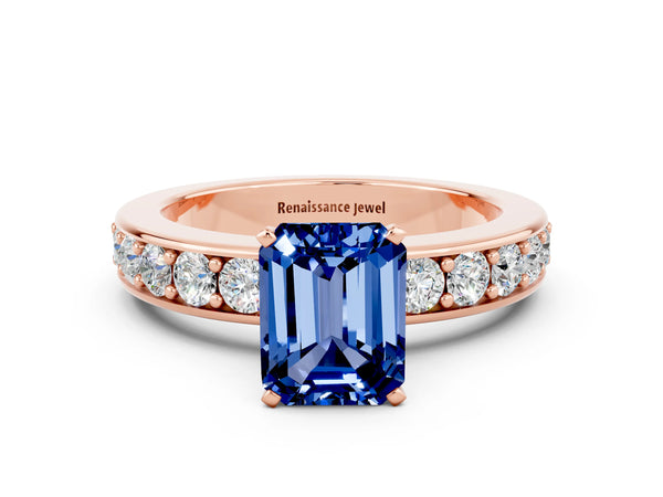Rose gold Emerald Cut Blue Sapphire Engagement Ring with Channel Set Round  Band and Prong Setting
