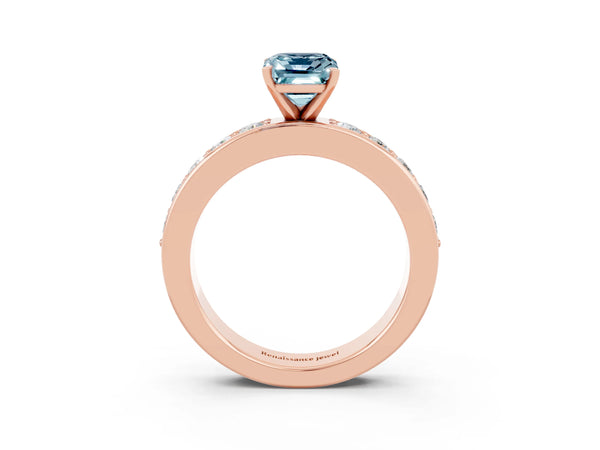 Rose gold Emerald Cut Aquamarine Engagement Ring with Channel Set Round  Band and Prong Setting