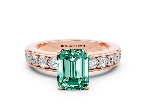 Rose gold Emerald Cut Green Sapphire Engagement Ring with Channel Set Round  Band and Prong Setting