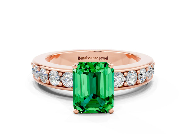 Rose gold Emerald Cut Emerald Engagement Ring with Channel Set Round  Band and Prong Setting