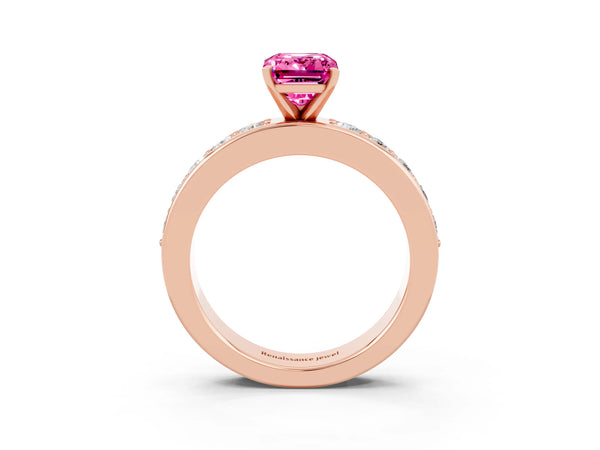 Rose gold Emerald Cut Pink Sapphire Engagement Ring with Channel Set Round  Band and Prong Setting