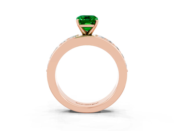 Rose gold Emerald Cut Emerald Engagement Ring with Channel Set Round  Band and Prong Setting