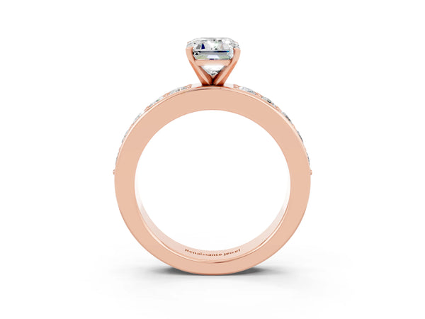 Rose gold Emerald Cut Moissanite Engagement Ring with Channel Set Round  Band and Prong Setting